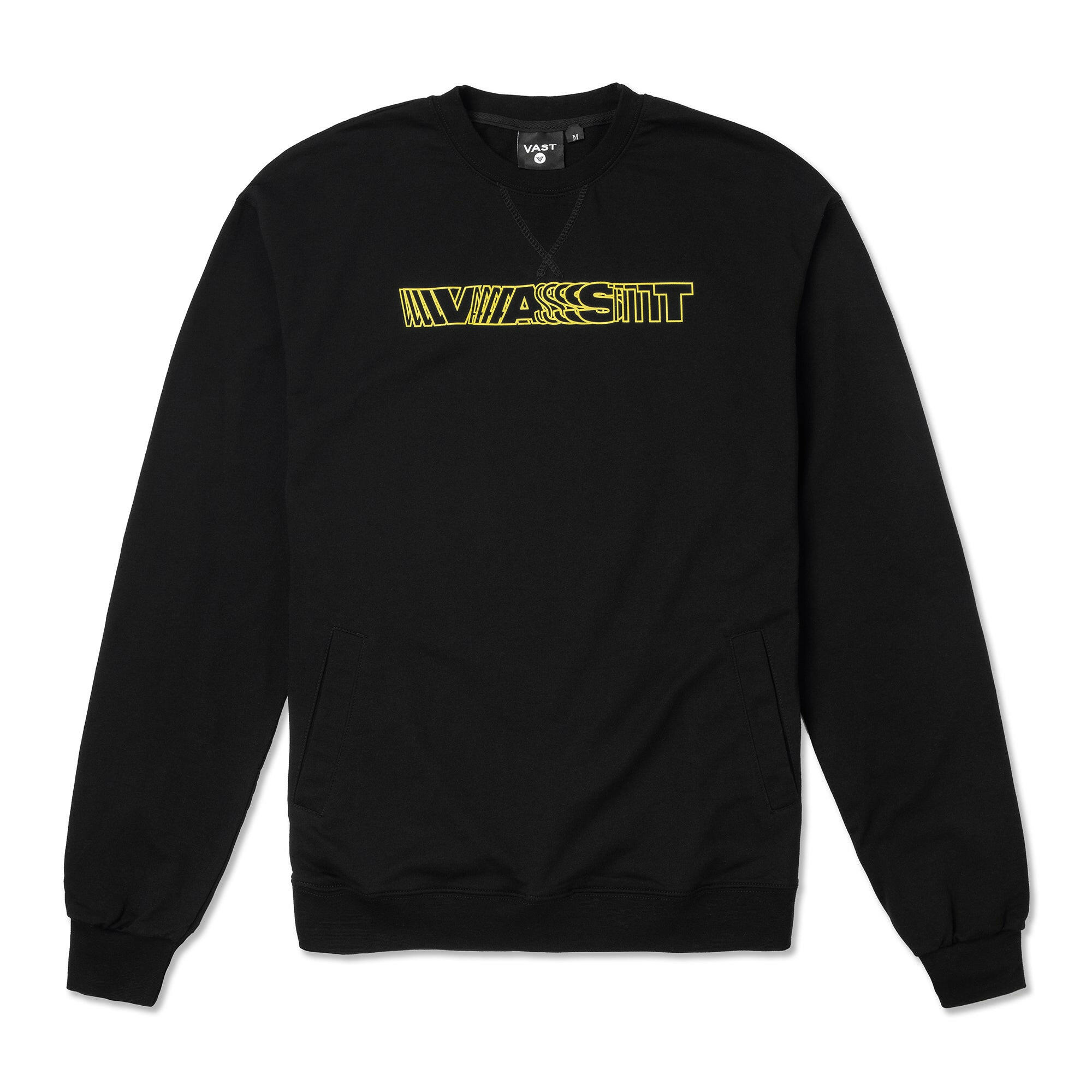 VAST x CJ DUNN 黑色長袖大學T以字體藝術家 CJ Dunn 設計的動態排版圖樣為視覺主軸，結合品牌風格與藝術表現，展現強烈個性與設計感。