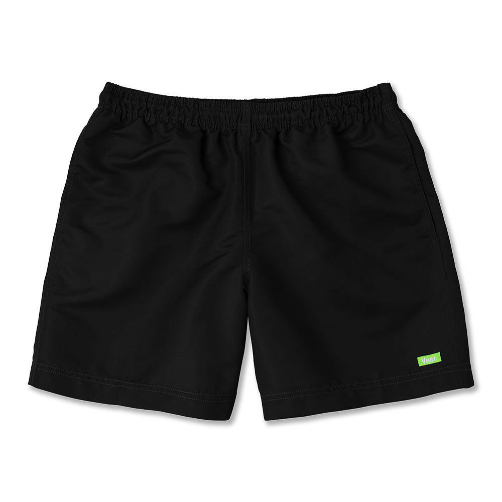 VAST Black Volley Shorts 綁繩海灘褲配有彈性腰帶和抽繩設計，確保穿著穩固貼合。
