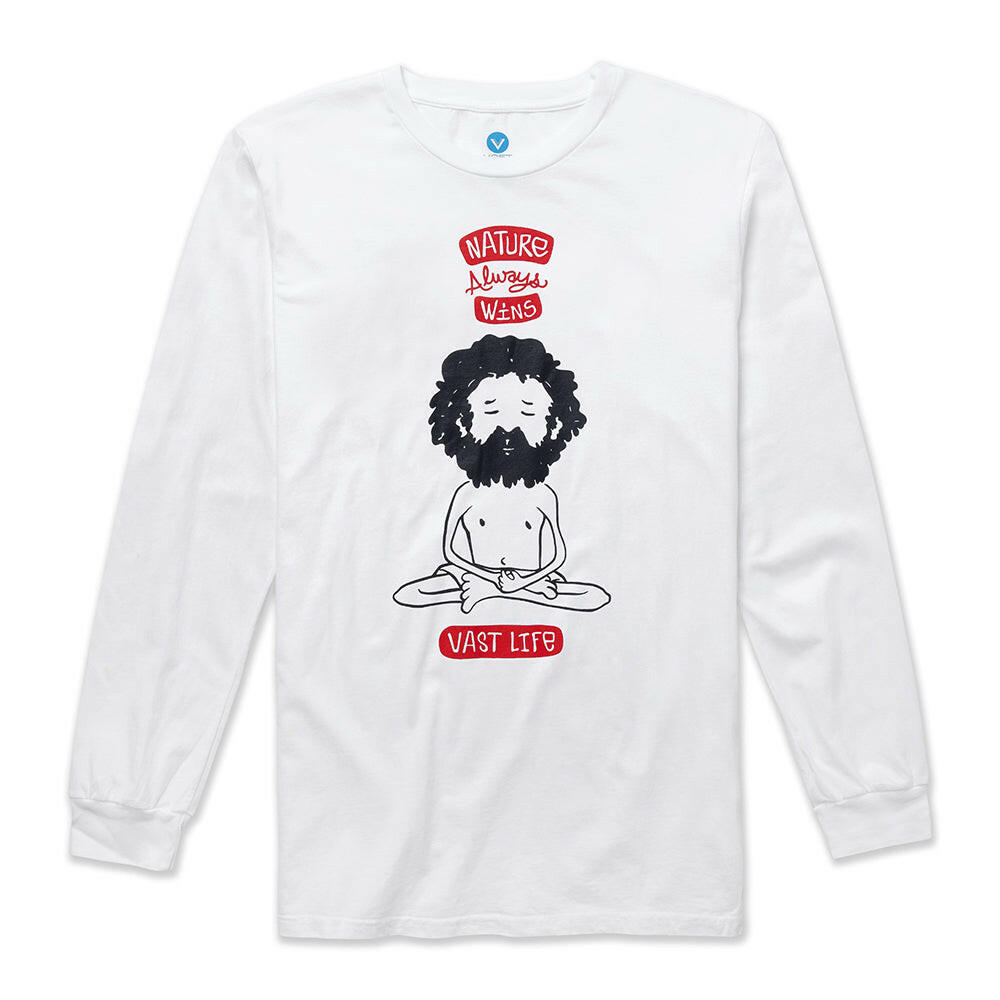 這款VAST Yogi N.A.W 長袖大學T正面印花由台灣藝術家 Show Yi 繪製，呈現 Yogi 透過瑜伽尋找活力的模樣。