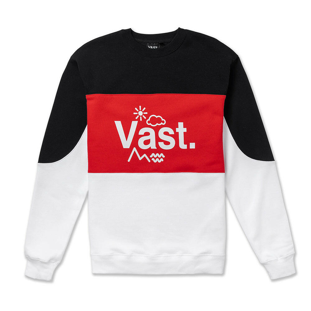 VAST Color Block 長袖大學T - 紅色以多層次橫向拼色設計呈現，色彩鮮明且充滿活力，胸前印有 VAST Elements 標誌，低調點綴品牌識別。