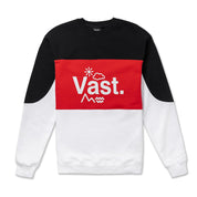 VAST Color Block 長袖大學T - 紅色以多層次橫向拼色設計呈現，色彩鮮明且充滿活力，胸前印有 VAST Elements 標誌，低調點綴品牌識別。